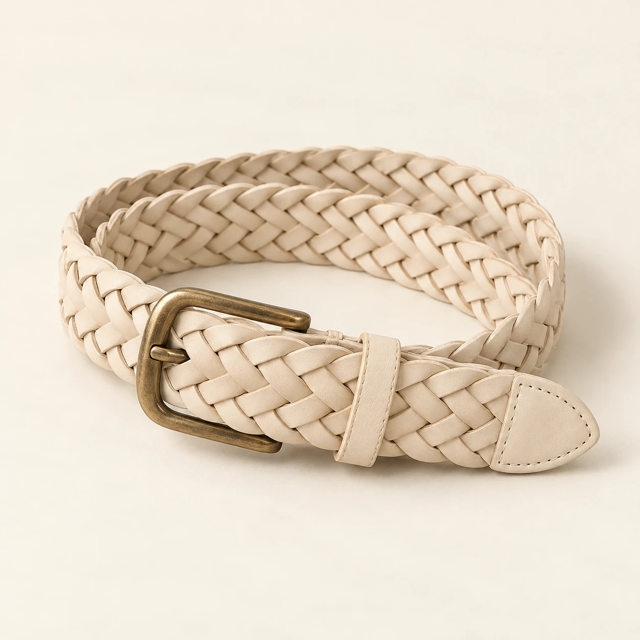 Cream Alba Cream Wide Belt — Nonelastic interwoven leather strips with solid leather tip and keeper; no punched holes