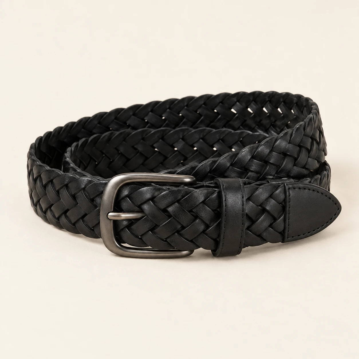 Black Notte Black Wide Belt — Nonelastic interwoven leather strips with solid leather tip and keeper; no punched holes