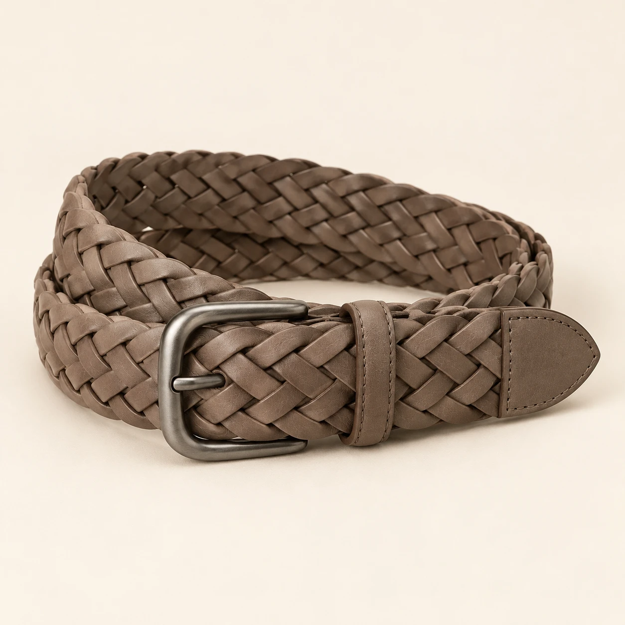 Taupe Pietra Taupe Wide Belt — Nonelastic interwoven leather strips with solid leather tip and keeper; no punched holes