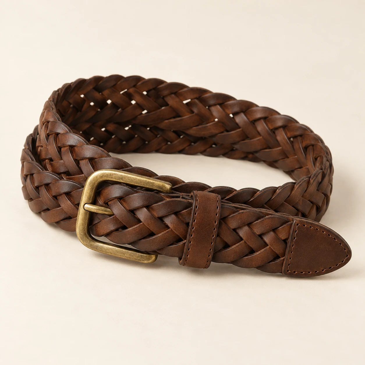 Walnut Terra Walnut Wide Belt — Nonelastic interwoven leather strips with solid leather tip and keeper; no punched holes